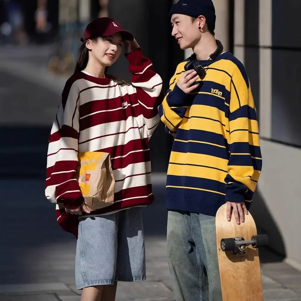 Japanese Style Warm Anti-Cold Sweater For Men And Women Couple Same Model Knitted Top Round Neck Casual Striped Lazy Woolen Jack