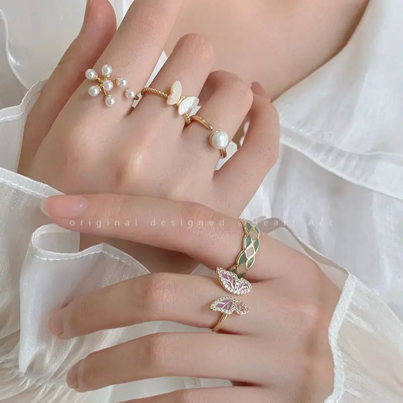 

GD летнее роскошное и Элегантное открытое геометрическое кольцо с жемчугом бабочкой из циркония с бриллиантами для женщин и девочек Регулируемый указательный палец