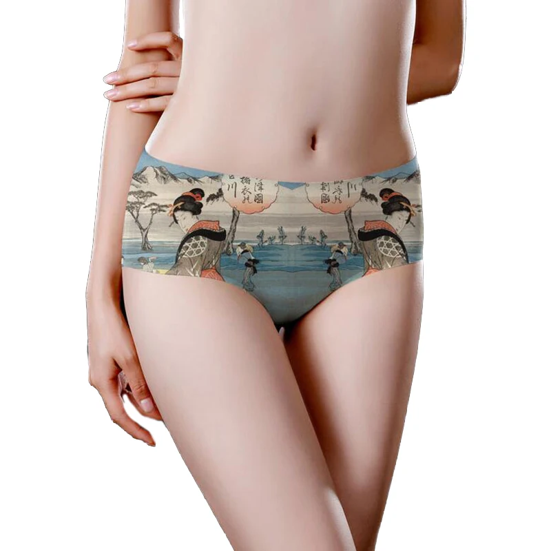 

Женские трусики с принтом в японском стиле, сексуальное нижнее белье из ледяного шелка, женское нижнее белье, трусики со средней талией, бес...