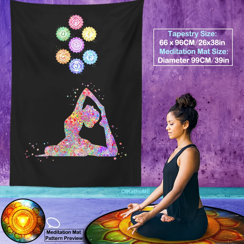 

Anime Yoga Pose Tapestry Seven Chakras Wall Hanging Pagan Spiritual Altar Cloth Merkaba Lotus Meditation Mat Round Rug Carpets