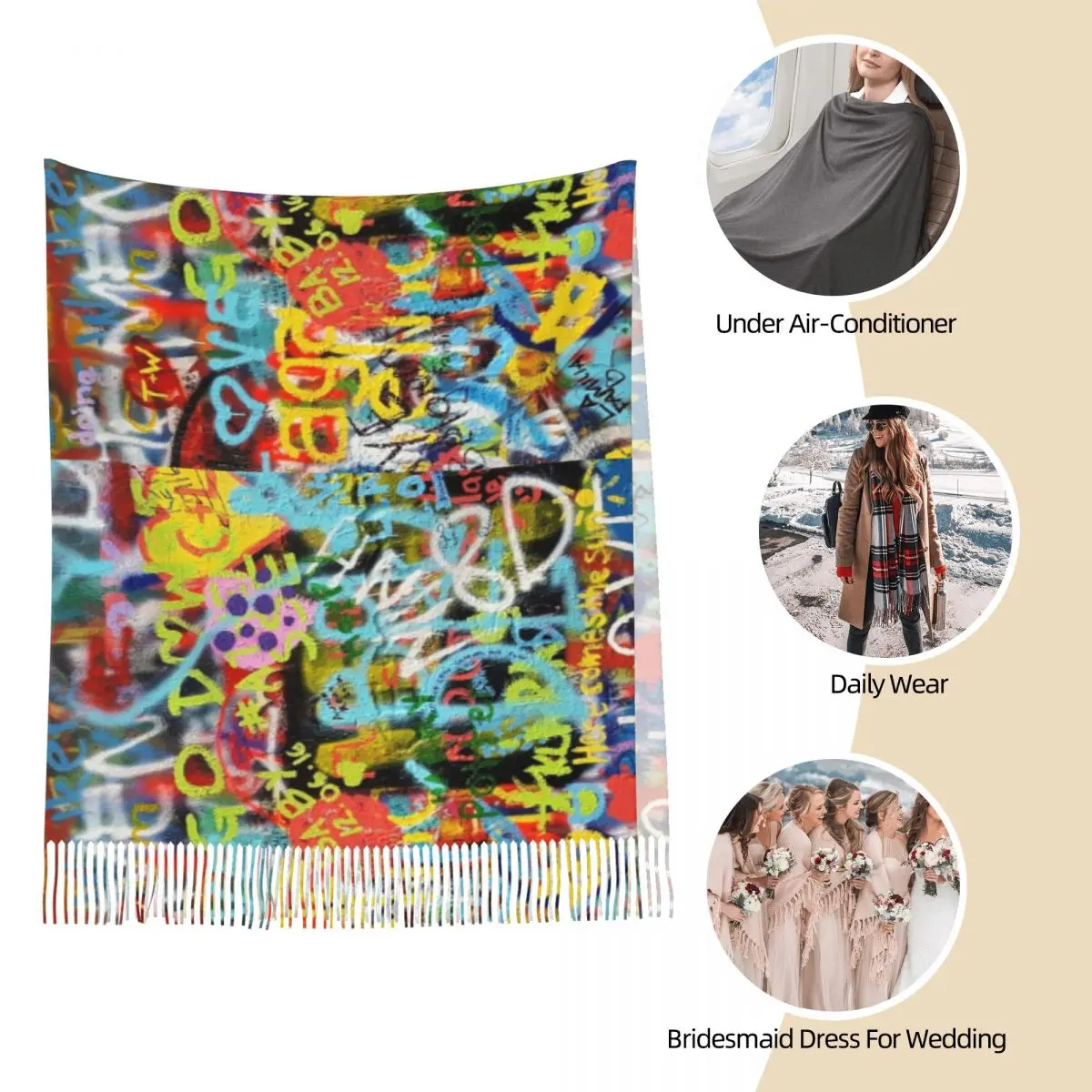 Женский шарф с бахромой большой зимний осенний граффити в уличном стиле