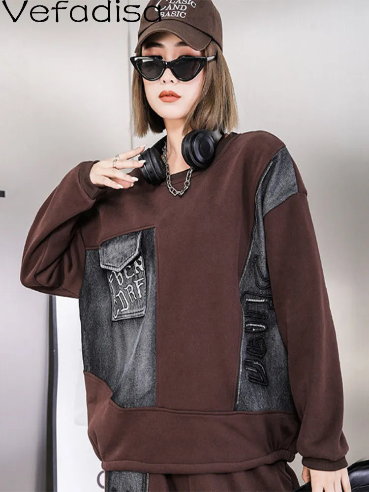 

Woman Round Neck Cotton Sweatshirt Loose Retro Letter Printing Denim Splicing Leisure Sweatshirt 2023 Autumn Winter LHX2773