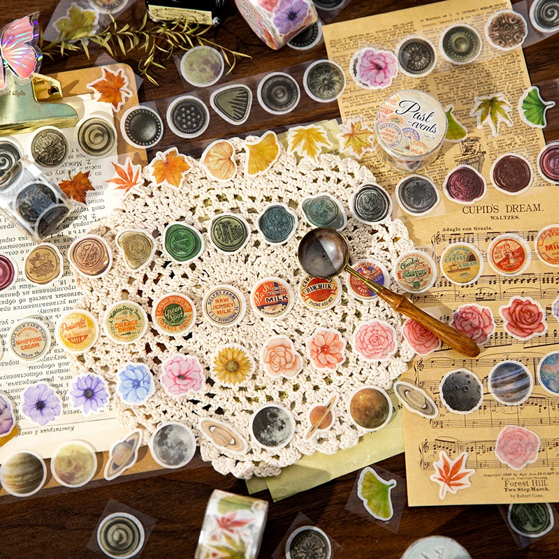 

Yoofun 2.5cm x 300cm Past Events Retro Wax Seal Button Shape Sticker Washi Tape Flower Masking Tape for Journal Planner Decor