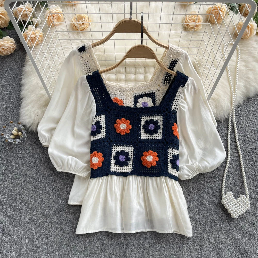 

Clothland Women Elegant Knit Flower Patchwork Blouse Short Sleeve Square Collar Shirt Short Style Crop Top DA196