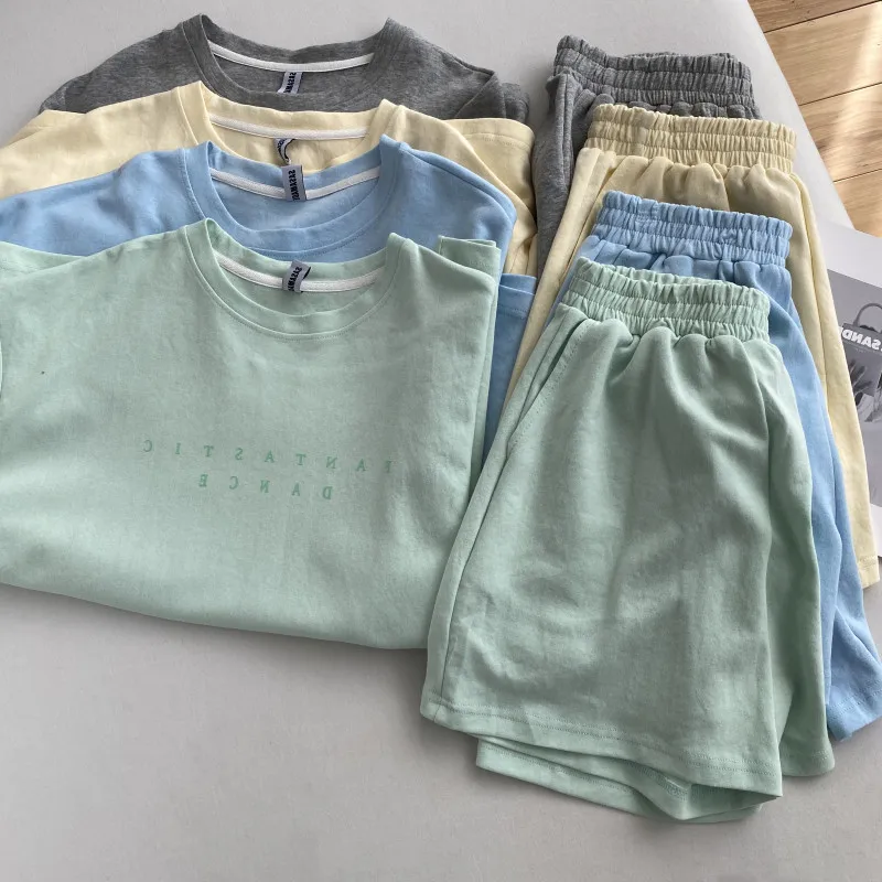 

Women Tshirs Shorts Sets Summer Clothes Letter Print Sports Two Pieces Outfits Casual Cotton Tracksuit Female Fitness Suit