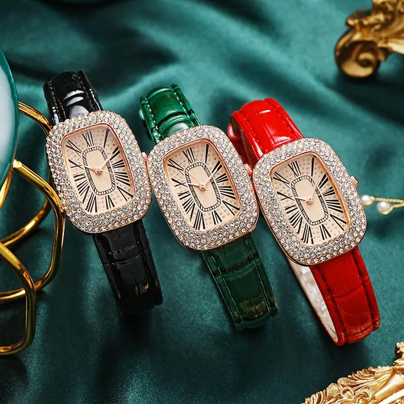 

Full Diamond Watches For Women Top luxury Design Women's Quartz Watch Leather Green Clock Trend Watch Lover Ladies Wristwatches