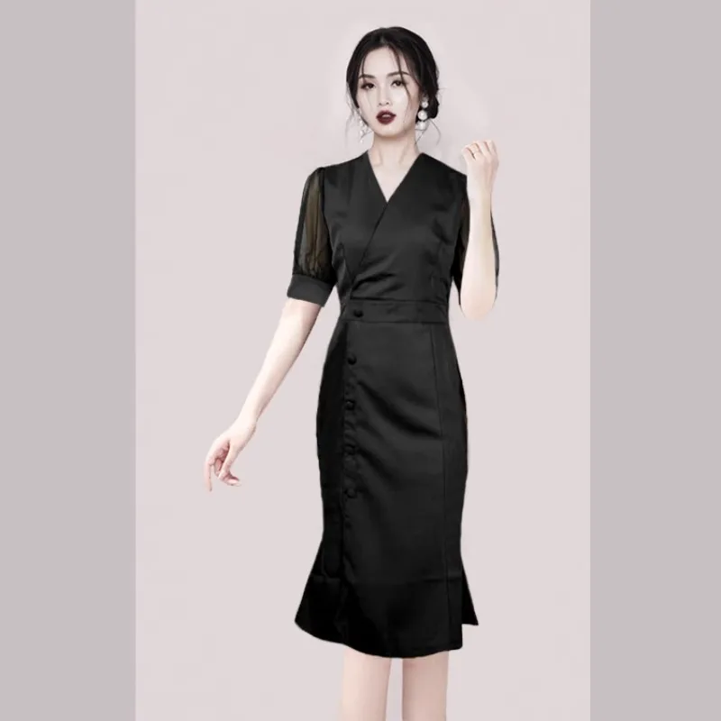 

Solid Hipster Evening Dresses Women 2023 New V-neck Short Sleeves Slim Summer High Waist Sexy Dress Office Lady YCMYUNYAN