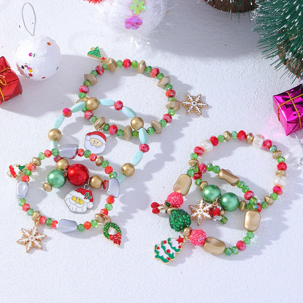 

New Arrival Christmas Bracelets Jewelry Gift Candy Color Handmade Beaded Snow Santa Claus Bracelet Bangles For Womens Girls