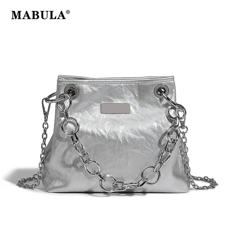 

MABULA Silver Color Shoulder Bag For Women PU Leather Female Handbag 2 Removable Chain Crossbody Bag Simple Lightweight Purse