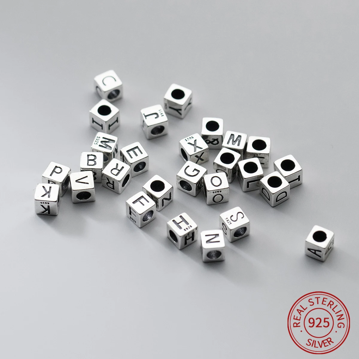 

S925 sterling silver retro 26 letters cube beads matte geometry spacers DIY bracelet necklace Jewelry making Needlework findings