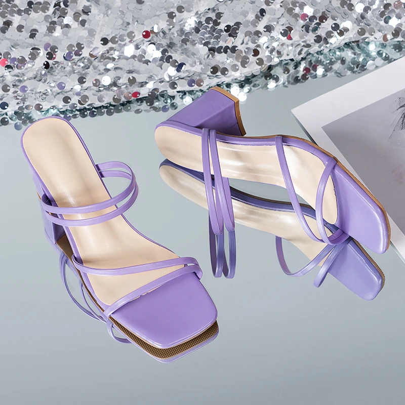 

New Summer Fashion Women Slides Sandals Square Toe Ladies Heel Mules Sexy High Heels Sandal Slippers Female Fashion Woman Shoes