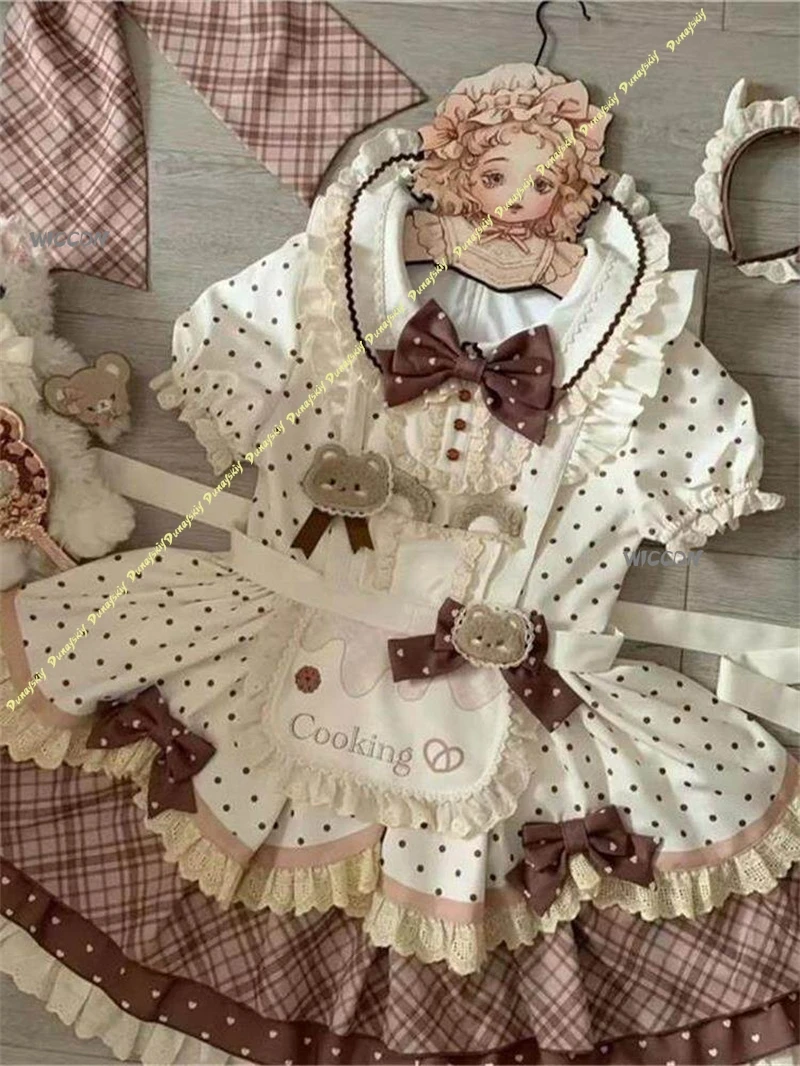 Фото Платье Teddy Bear Baker Lolita OP с коротким рукавом, милое платье принцессы Лолиты с милым принтом и бантом, для повседневной носки №4