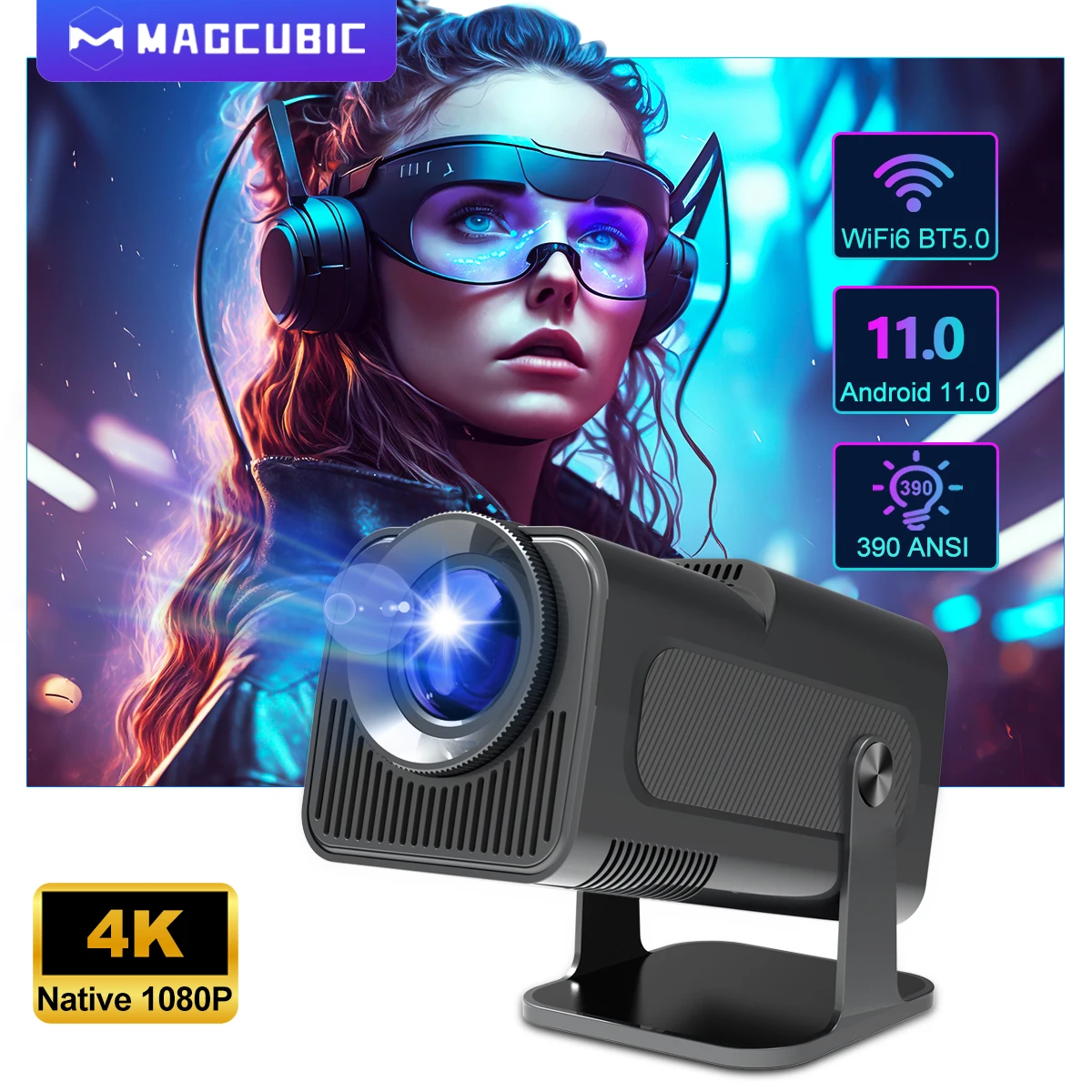 Проектор Magcubic 4K Native 1080P Android 11 390ANSI HY320 двойной Wi-Fi6 BT5.0 портативный проектор для