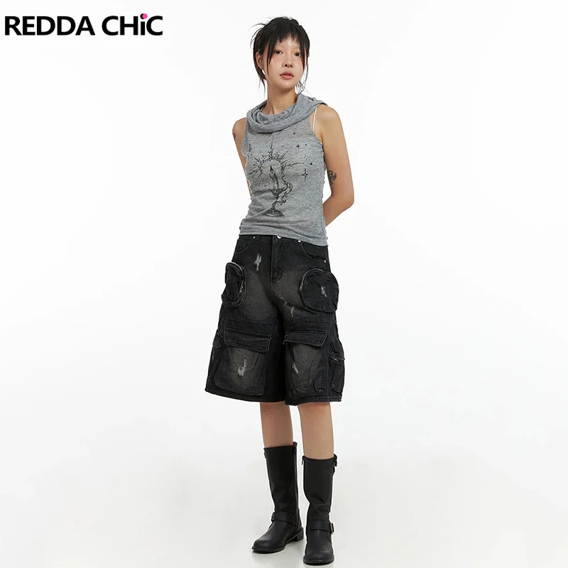 Женский джинсовый брючный костюм REDDACHiC черный рваный большой карман потертый