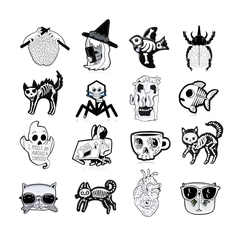

Gothic Skull Animal Brooches Punk Dark Black Skeleton Head Cat Lapel Pins Denim Shirt Bag Enamel Pin Badges Jewelry Gifts