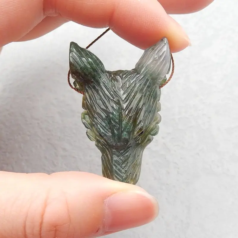 Ожерелье ручной работы из натурального Моха и агата с головой волка подвеска