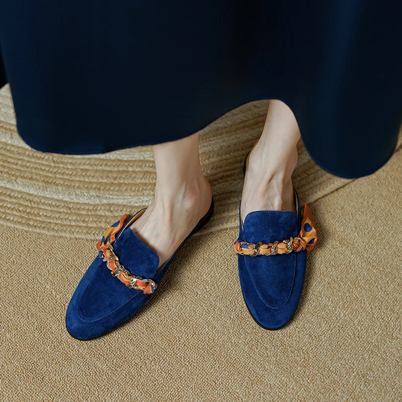 

Concise Mule Slippers Style Simple Flat Shoes Cow Leather Round Toe Mules Spring Autumn Women Flats Kidsuede Chain Slipper
