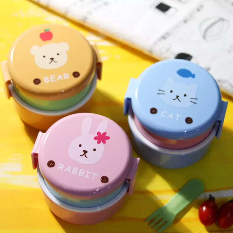 

New Animal Lunch Box Japanese Double-layer Round Mini Bento Box Children's Fruit Box Snack Box Microwave Kids Lunch Box 540ml