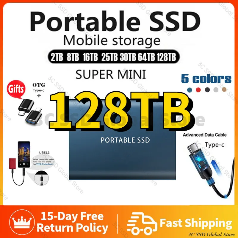 

Mini Original SSD 128TB External Solid State Hard Drive USB 3.1 High-Speed Type-C Interface Hard Disk for Laptop/Smartphone
