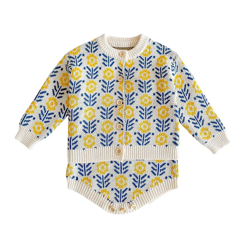 

2023 Autumn Baby Clothes Set for Girl Knitted Cardigan Sweater Jumpsuit Retro Flower Infant Romper Toddler Outfit 0-3 Years Old