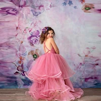 Newest Blush Pink Ruffled Long Tulle Dresses Kids Puffy A-line Tiered Ruffles Ball Gowns Backless Pretty Flower Girls Dress