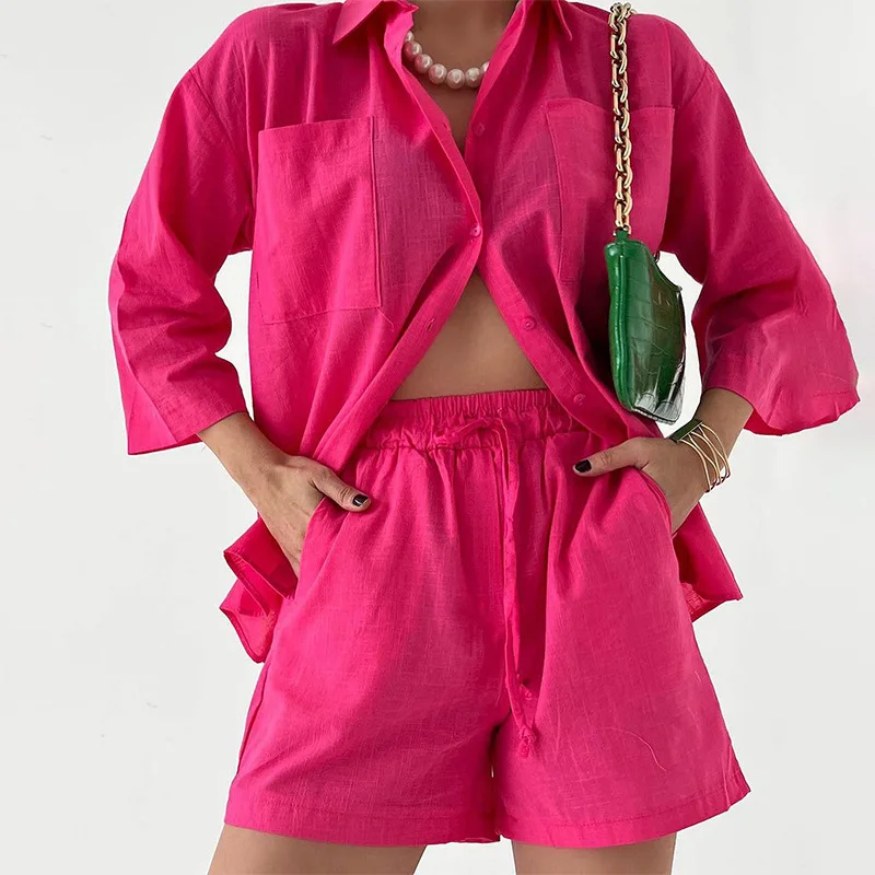 

Summer Ladies Lapel Single Breasted Shirt Suits 2023 Women Loose Solid Sports Outfits Casual Cotton Linen Shorts Two Piece Sets