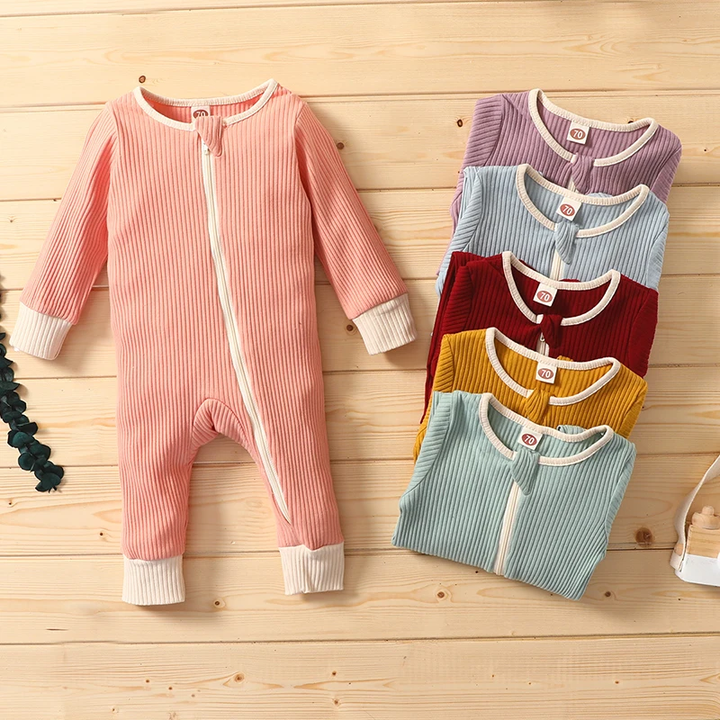 

Newborn Baby Solid Rompers With Zipper Baby Boys Girls Clothes Long Sleeve Ribbed Jumpsuit Spring Autumn Children's Clothing