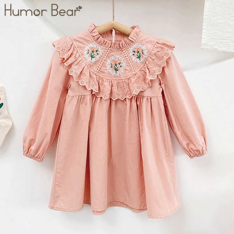

Humor Bear Girls Dress New Spring Long Sleeve Casual Lace Eembroidery Korean Style Kid Clothes Children Dress For 2-6 Years