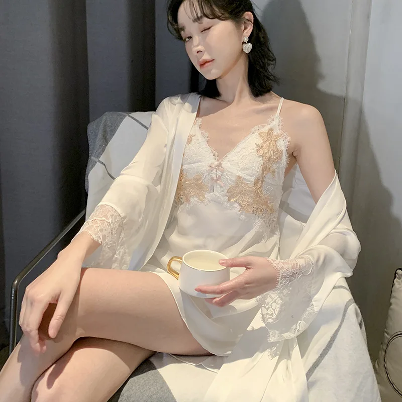 

Sexy Female Rayon Kimono Bathrobe Sleepwear Nightgown Patckwork Lace Twinset Robe Set Spring Summer Loose Nightdress Home Wear