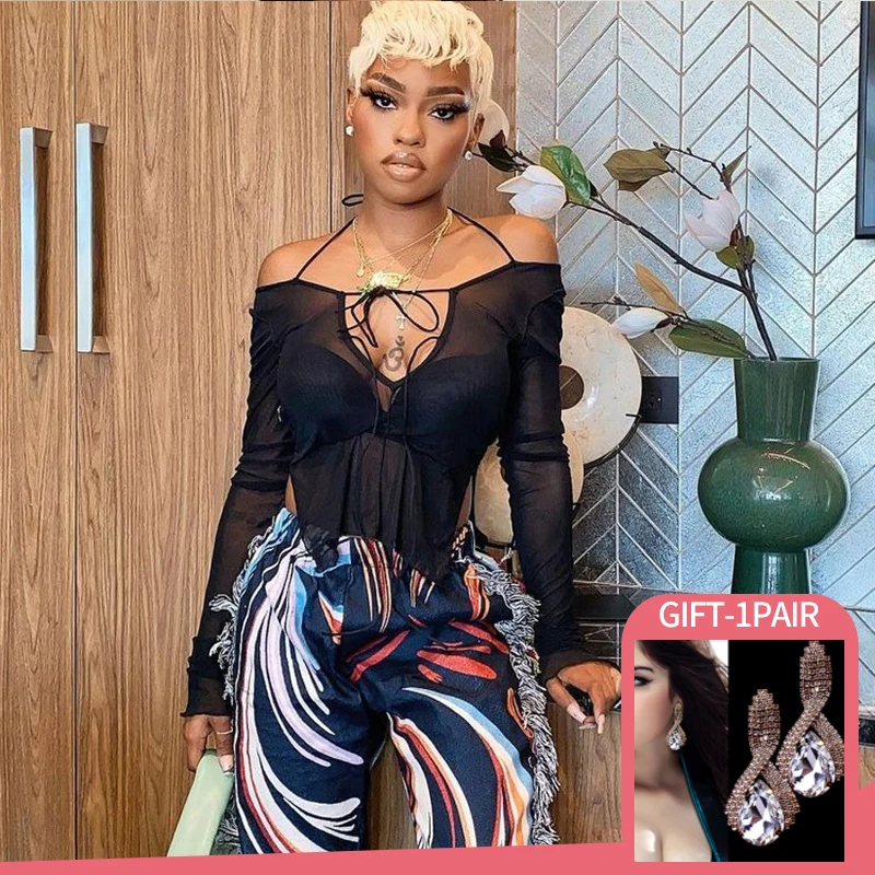 Летние сексуальные сетчатые футболки женские топы с лямкой на шее готические