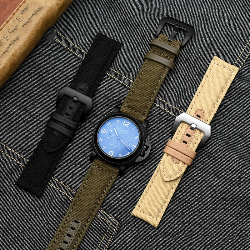 PAM111 PAM441 Canvas WatchBand 20MM 22MM 24MM For Panerai Nylon Leather Watch Strap Waterproof Sport Men Accessories Black Khaki