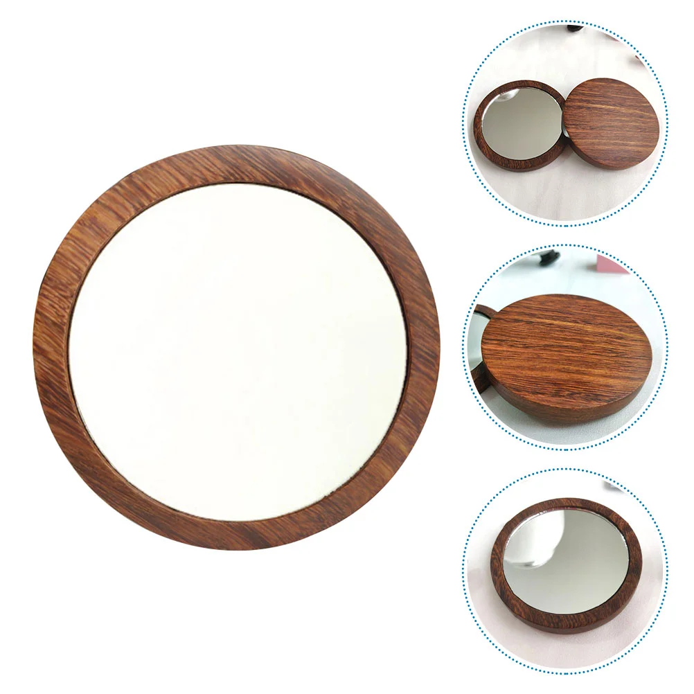 

Mirror Portable Wood Makeup Mirrors Round Handbag Vanity Bedroom Compact Handle Protable Outdoor Pocket Beauty