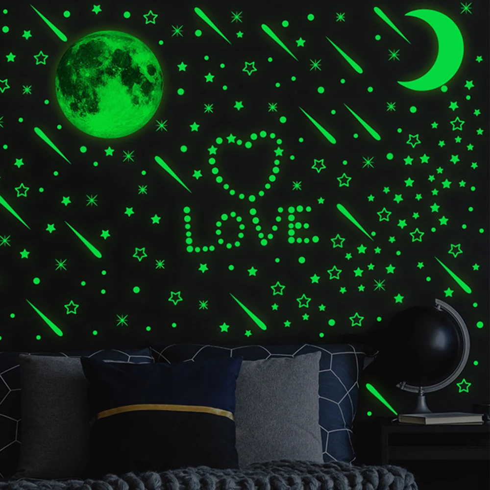 Moon and Stars Wall Sticker Glow In The Dark Wall Sticker Glow Fluorescent Wall Sticker Kids Bedroom Ceiling Home Decor