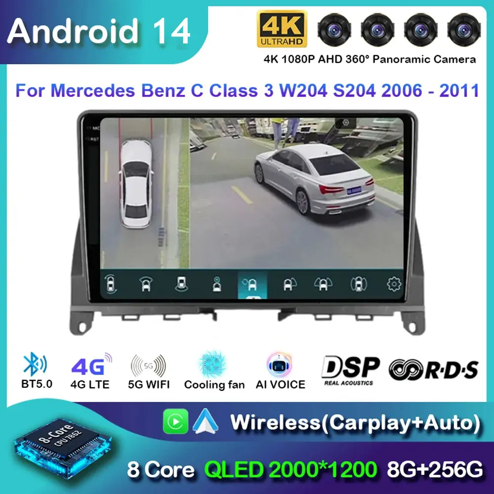 Android 14 для Mercedes Benz C Class 3 W204 S204 2006 2007 2008 2009-2011 Heda Unit QLED Автомобильное радио Стерео