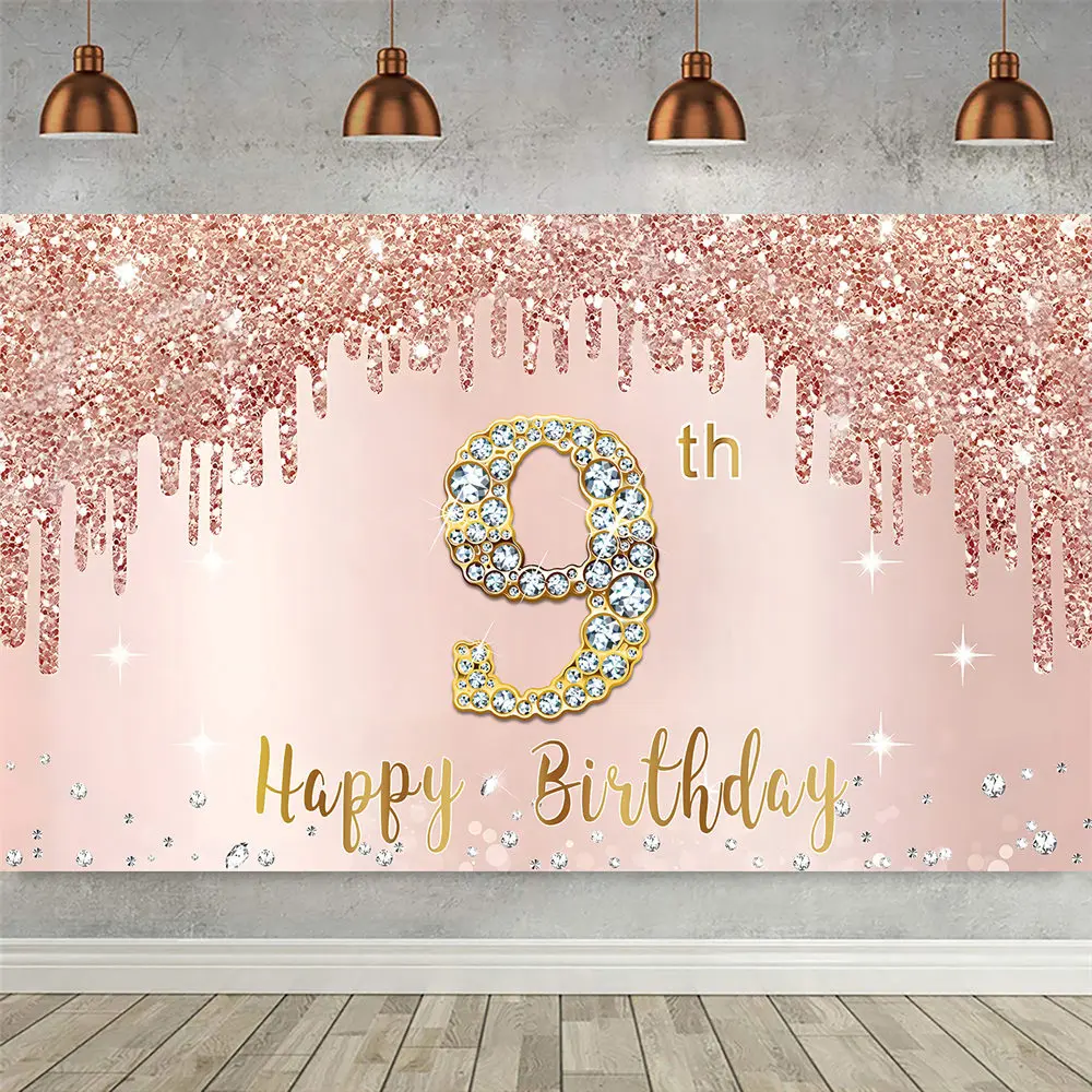 

Happy 9th Birthday Backdrop for Girls Pink Rose Gold Glitter Photo 9 Years Old Party Banner Decoration Booth Poster Background