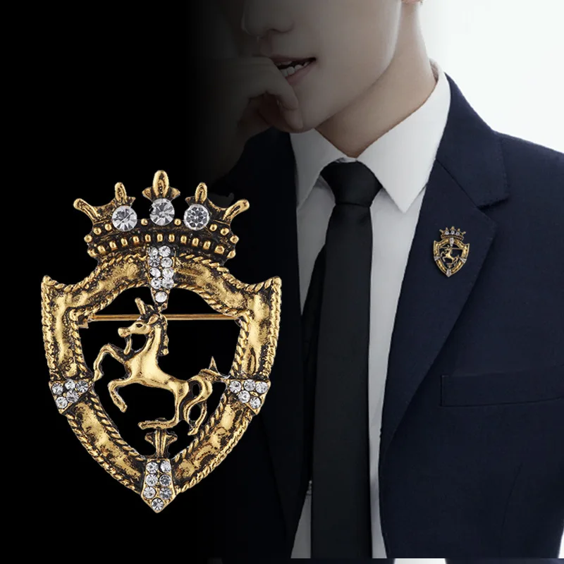 

2 Piece Golden Silvery Vintage Men's Crown Rhinestone Shield Horse Badge Brooch Suit Corsage Lapel Pin Clothing and Accessories