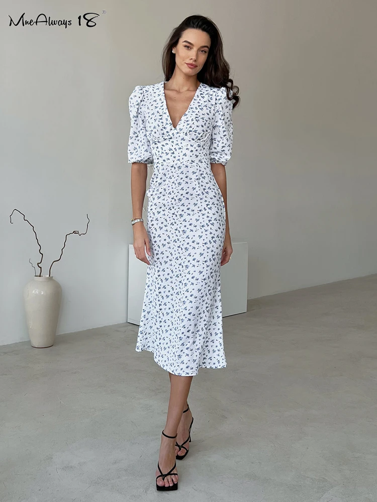 

Mnealways18 Office Elegant White Printing Dresses V-Neck Puff Sleeve Ruched Mermaid Dress Ladies Summer 2023 Black Floral Dress
