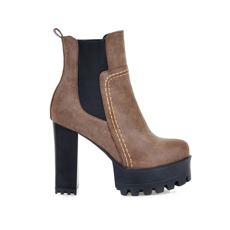 

2022 Female Punk PU Leather Grey Brown Vintage Style Shoes Woman Ankle Boots For Women Round Toe Platform High Heels Boots