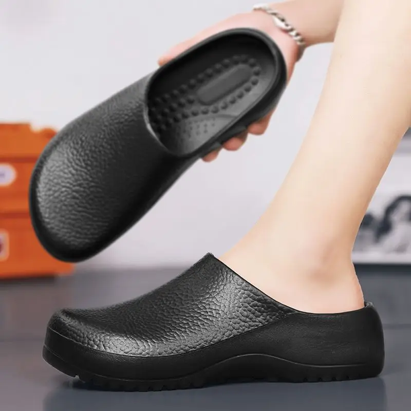 

Black Summer Chef Shoes Couples Hotel Kitchen Garden Clogs 2023 Casual Wedges Work Shoes Non-slip Outdoor Beach Fishing Shoe