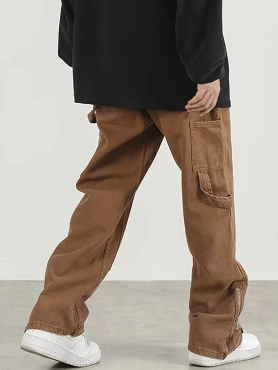 Four Seasons Ankle Zipper Brown Loose Men's Workwear Wide Leg Pants Hip Hop Straight Loose Ladies Casual Pants Pantalon Homme