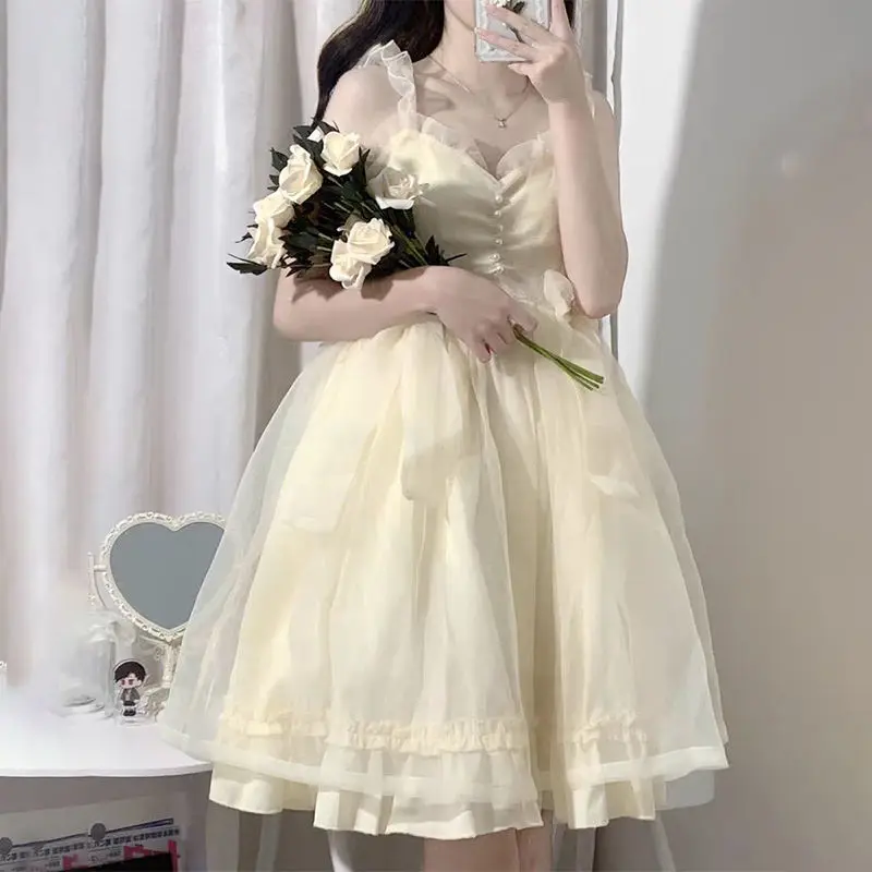 

2023 Summer Women's Wear Japanese Sweet and Elegant Solid Princess Ruffle Edge Fashion Mini Temperament Sleeveless Dress