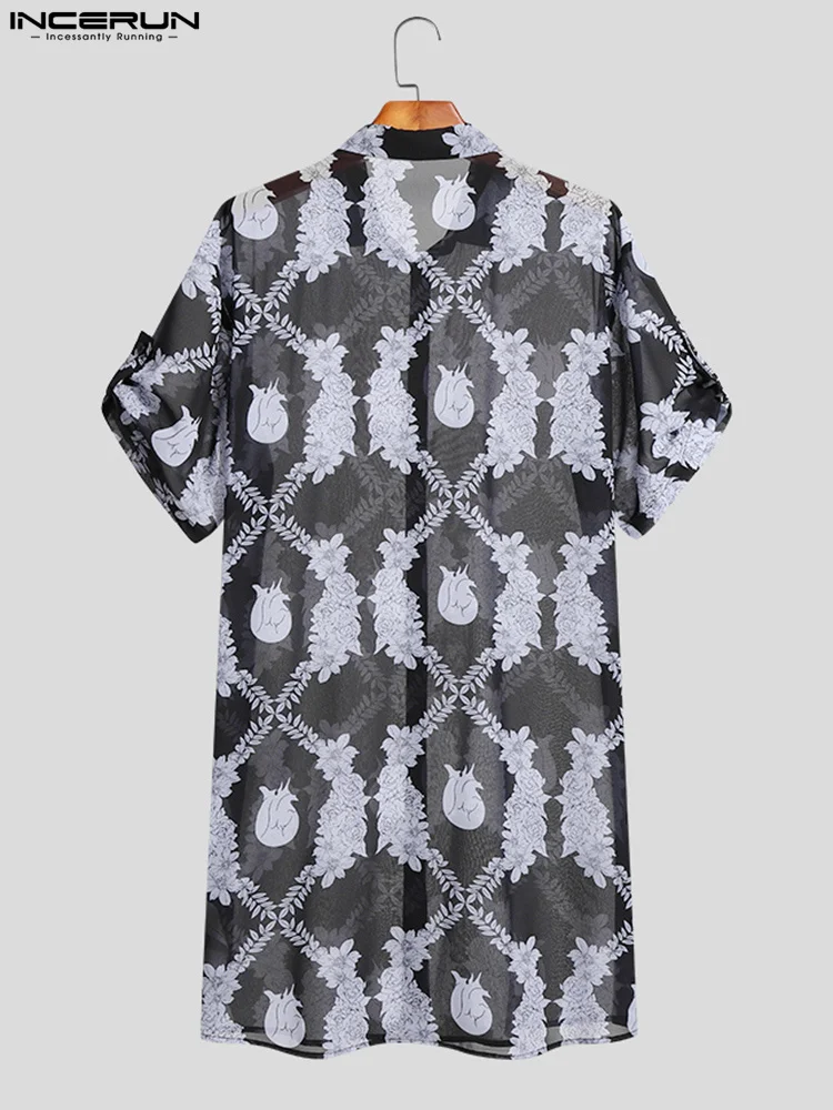 INCERUN Tops 2022 Sexy Men Printed Sheer Short Sleeve Long Shirts Casual Streetwear All-match Male Fancy Thin Lapel Blouse S-5XL