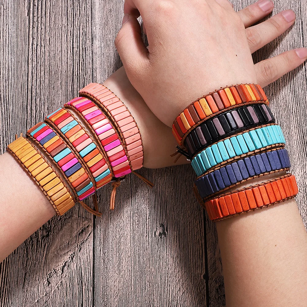 

New Style Imperial Stone Antique Color Imperial Stone Hand Woven Single-layer Leather Bracelet Ethnic Style Square Bracelet