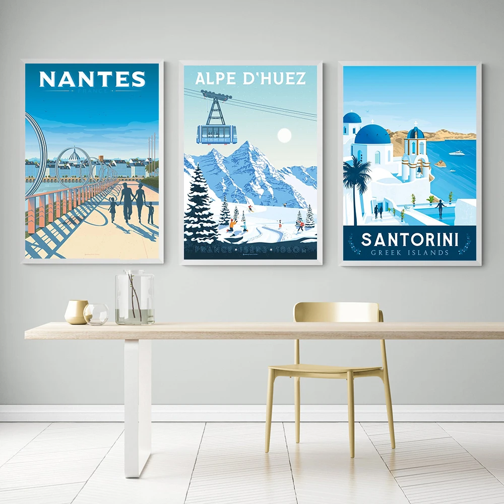 Скандинавский постер для путешествий с изображением Санторини Севильи арканон