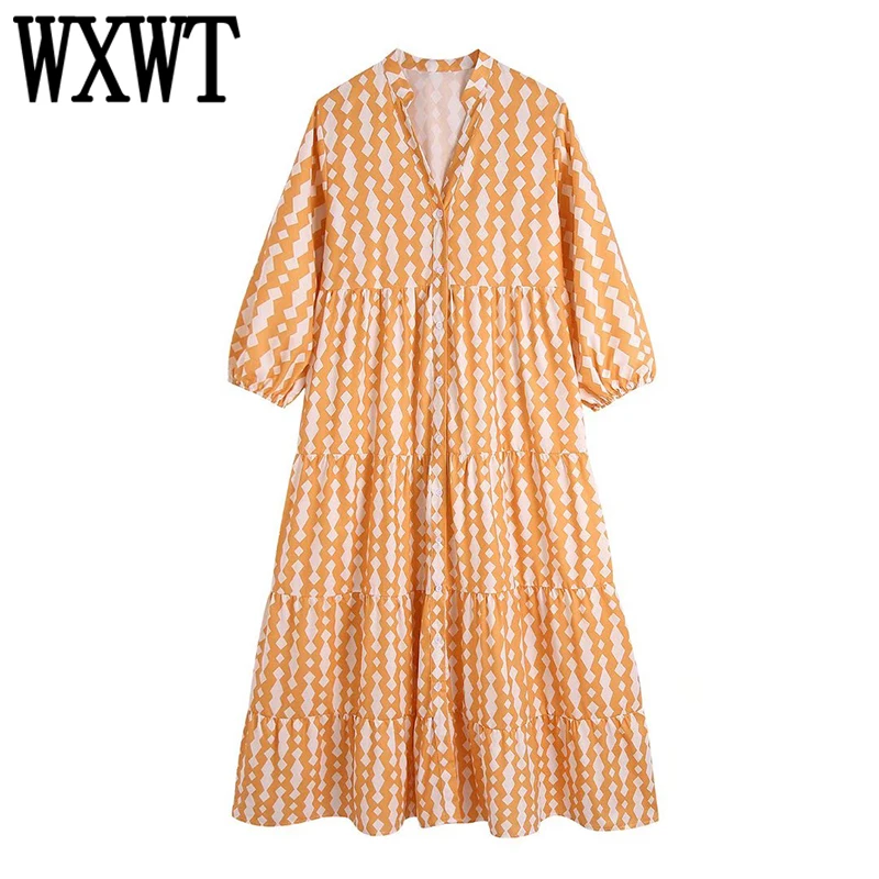 

WXWT Women Print Midi Dress Spring Long Sleeve O Neck Ladies Loose High Street Dress Vestidos BB22512