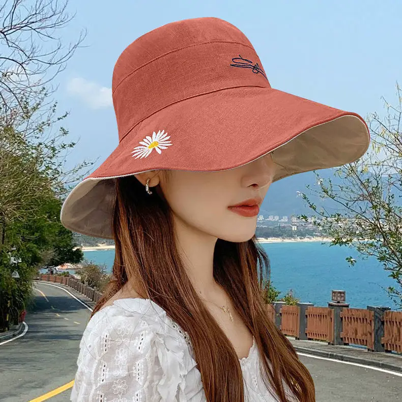 

Spring and Autumn Sunshade Hat Embroidered Big Eave Fisherman Hat Polyester Cotton Double sided Sun Hat Daisy Sunscreen Hat