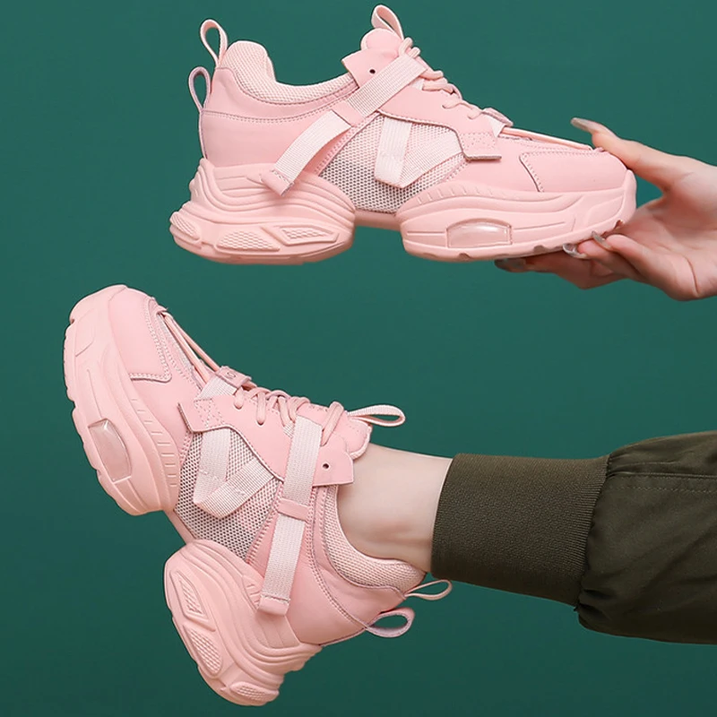 5.5cm Air Mesh Genuine Leather 2023 Women Summer Hollowing Soft Sole Platform Wedge Fashion Chunky Ladies Sneakers Woman Shoes