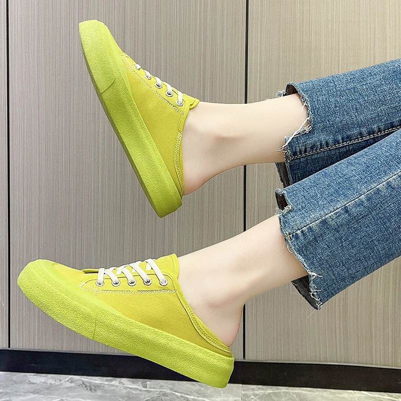 

2022 Summer New Lazy All-match Women's Canvas Shoes Round Toe Flat Sneakers Women Lace-up Casual Shoes Vulcanized Shoes Women