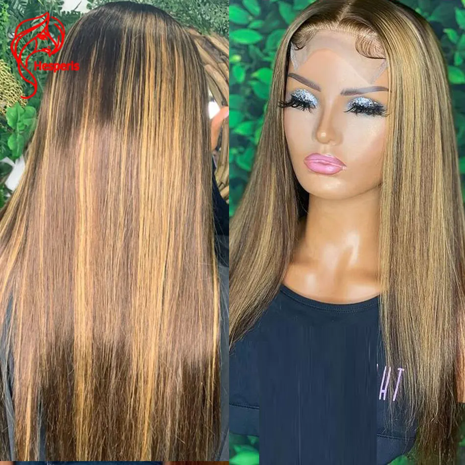 

Hesperis #4/27HL Silky Straight Human Hair Wigs 13x4 Lace Front Highlight Blonde Brazilian Remy Wigs Pre-Plucked Ombre Brown Wig