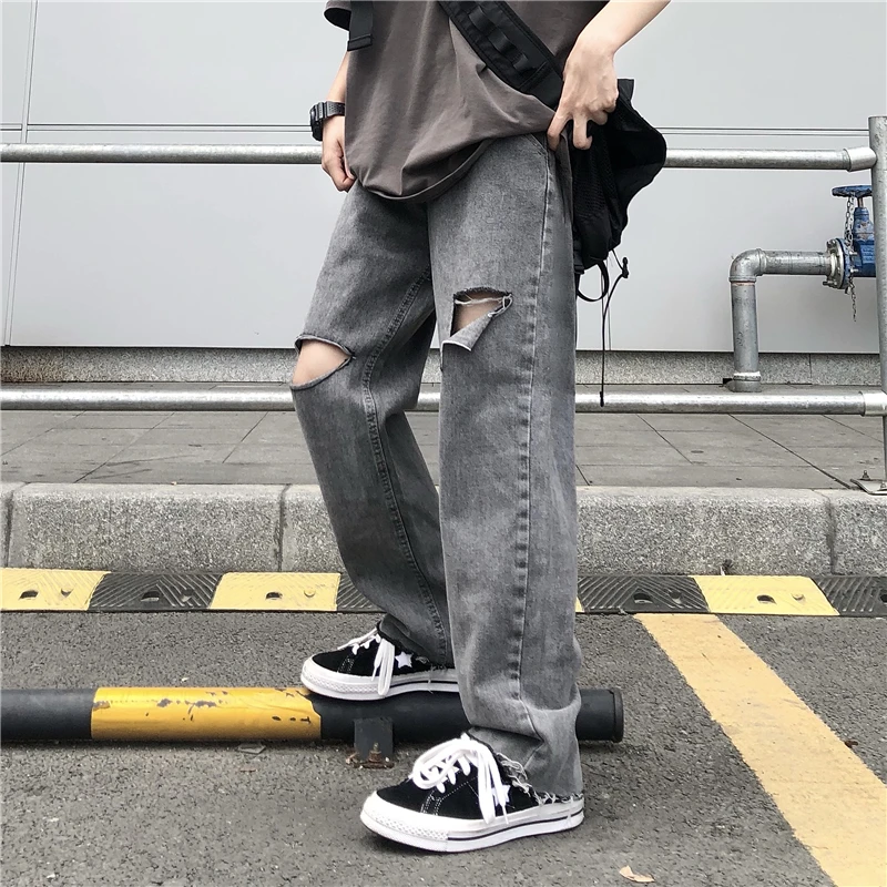 

Autumn Washed Fashion Broken Hole Casual Straight Loose Jean Retro Loose Wide Leg Pants Hip hop High Street Straight-leg Jeans